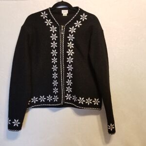 Alps XL Cardigan Full Zip 100% Wool Black Embroidered Snowflake Classic Holiday